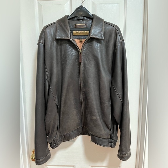 Andrew Marc New York Mens Leather Jacket Brown Bomber Full Zip XL Butter Soft - Picture 1 of 11